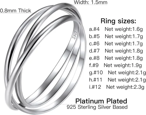 Miniatura 7 de Suplight Hypoallergenic 925 Sterling Silver Interlocked Rolling Rings 2mm3mm5mm Simple Plain Stardust Band Rings for Women Men Size 4 to 12 with