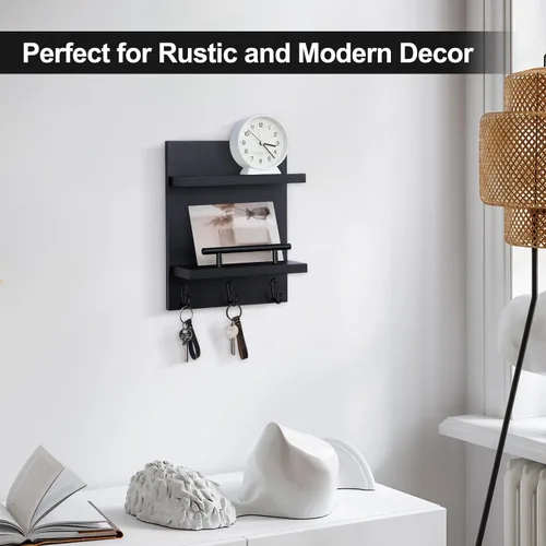 Miniatura 6 de Soporte de pared para llaves, decoración de estante de correo con 3 ganchos para llaves, organizador de pared de madera versátil para entrada