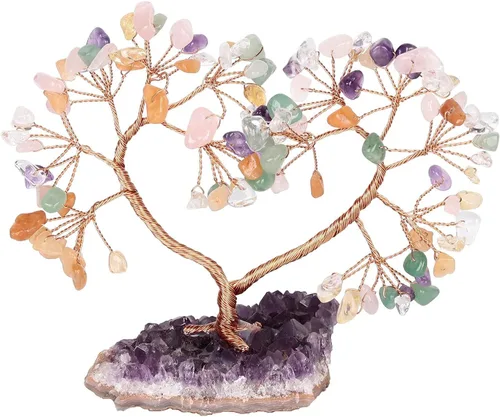Árbol de la vida de cristal de corazón con base de cristal de amatista natural, decoración espiritual de habitación para Reiki Feng Shui, buena