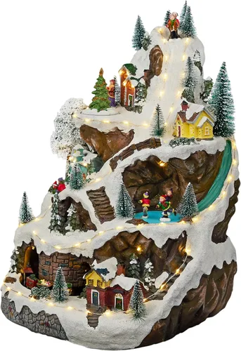 Alpine Corporation Juego animado de invierno de 18 pulgadas de alto con 75 luces LED, música, tren móvil, decoración navideña de mesa Pueblo de