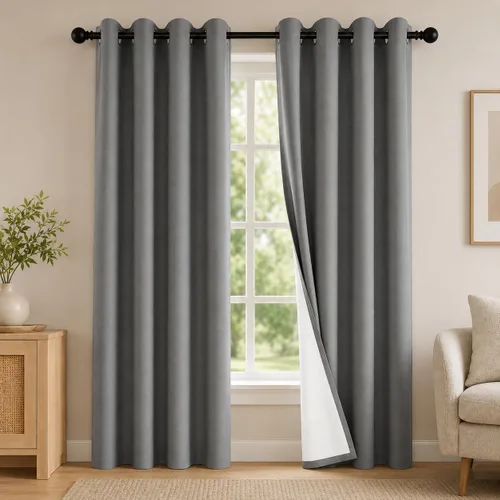 Miniatura 28 de 2 paneles de cortinas 100% opacas, cortinas ligeras con aislamiento térmico con ojales para dormitorio, sala de estar, tratamiento de ventana