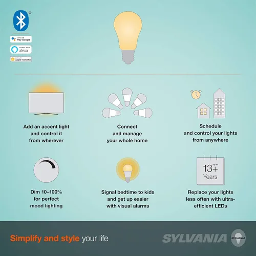 Miniatura 5 de Sylvania Smart+ Bluetooth - Bombilla LED A19 de filamento transparente, color blanco suave, compatible con Alexa, Apple HomeKit y Google Assistant