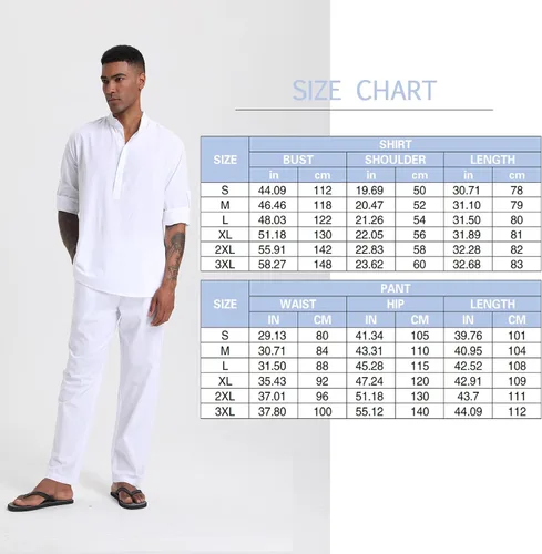 Miniatura 6 de Conjuntos de lino para hombre, camisas Henley, 2 piezas, trajes de vacaciones, ropa de playa, traje casual, camisa de manga larga, pantalones