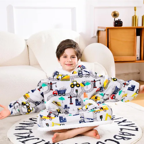 Miniatura 6 de Sudadera Manta, Manta Vestible de Vellón Sherpa para Niños, Manta con Capucha de Franela Afelpada, Regalo de Sudadera con Bolsillo Gigante
