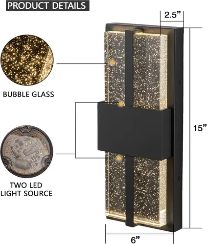 Miniatura 2 de Luces LED de pared para exteriores, 15 pulgadas, color negro, para porche, para casa, aplique de pared moderno exterior con cristal de cristal