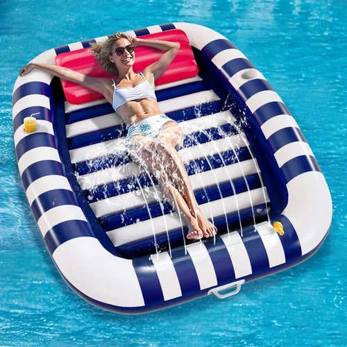 Pool Wave - Flotadores inflables para piscina con aspersor de agua, cama de bronceado grande de 80 x 66 pulgadas para adultos y niños, balsa Azul