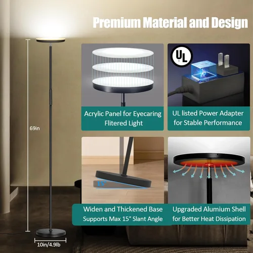 Miniatura 10 de Lámpara de pie, mejorada, 40 W, 4000 lúmenes, súper brillante, lámpara de pie LED para sala de estar, temperatura de color regulable continua 40W