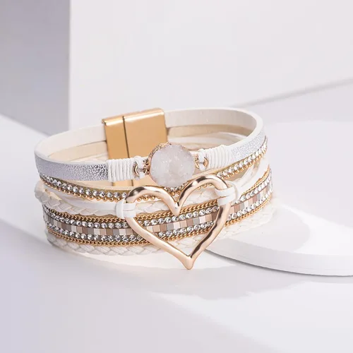 Miniatura 6 de FANCY SHINY Pulseras de cuero con forma de corazón, apilables, bohemias, pulseras de diamantes de imitación de resina de moda con cierre magnético