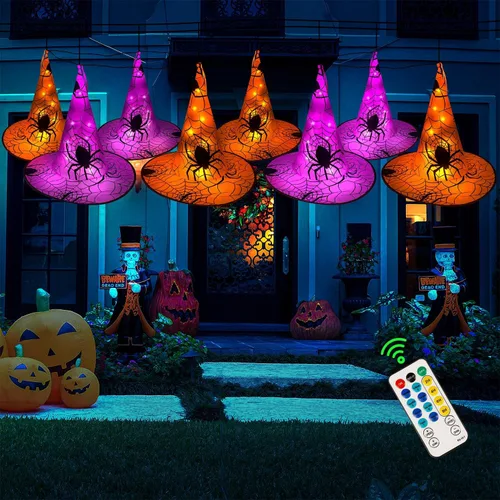 WATERGLIDE Decoraciones de Halloween, 8 sombreros de bruja colgantes iluminados, con 8 modos de iluminación, cadena de luces de Halloween de 16