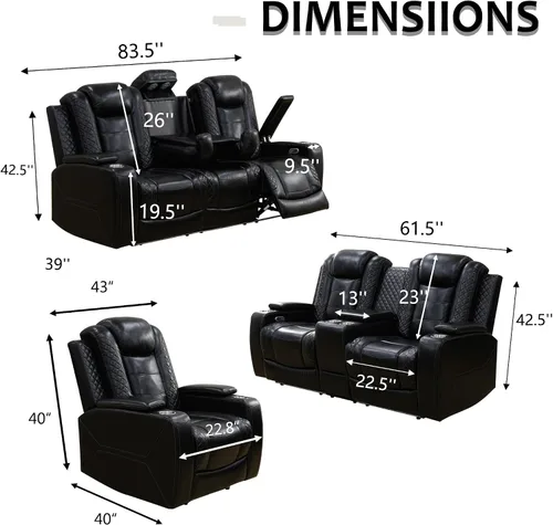 Miniatura 3 de Sofá reclinable eléctrico, sillón reclinable de cuero con LED/almacenamiento, sillón reclinable de cine en casa de 3 plazas, sofá de cuero negro