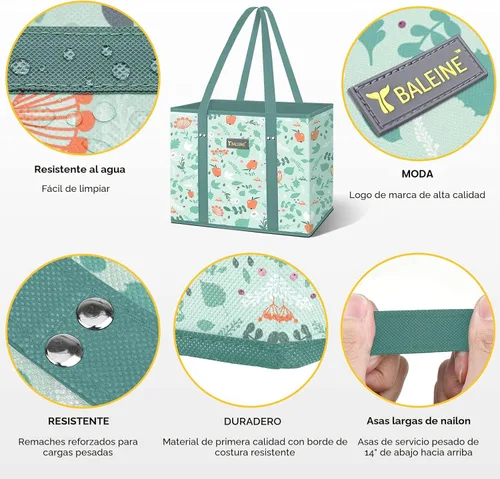 Miniatura 4 de BALEINE Paquete de 3 bolsas de comestibles reutilizables, bolsas de compras plegables para comestibles con parte inferior reforzada y asas