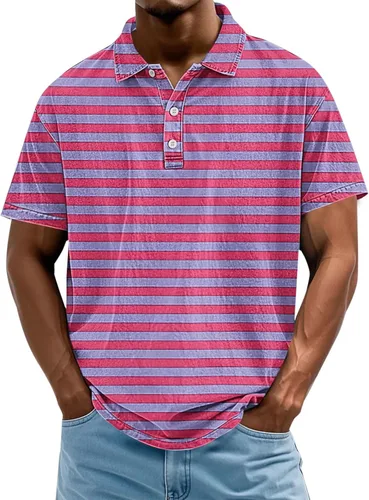 Miniatura 23 de Camisa polo de manga corta para hombre, camiseta de golf a rayas, de manga corta, para vacaciones, casual, cuello en V, camiseta de verano con Rojo