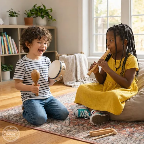 Miniatura 3 de Stoie's Instrumentos musicales de madera para niños pequeños con tambor, campanas de mano, flauta, maracas, castañuelas, panderetas, para bebés