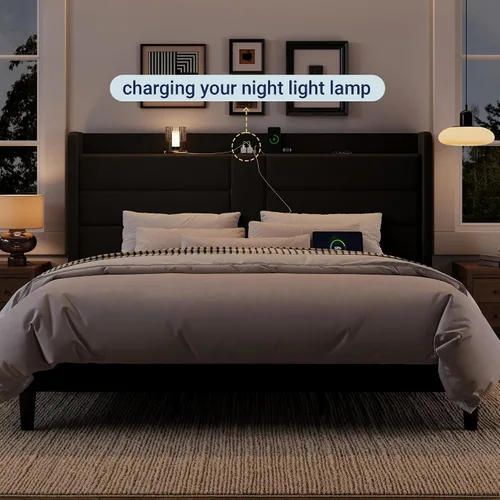 Miniatura 9 de Allewie Base de cama de plataforma tamaño King con estación de carga y cabecera de almacenamiento, diseño tapizado de terciopelo con respaldo y Negro