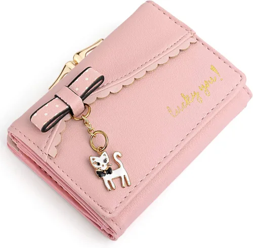 Miniatura 6 de UTO Cartera triple para mujer, lindo gatito con lazo, tarjetero pequeño