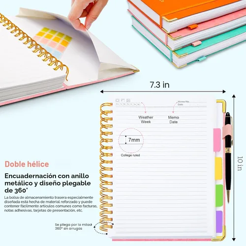 Miniatura 6 de Cuaderno de espiral con tapa dura, de 8 x 10 pulgadas, separadores y divisores extraíbles, 300 páginas, 5 asignaturas, a rayas, de piel sintética