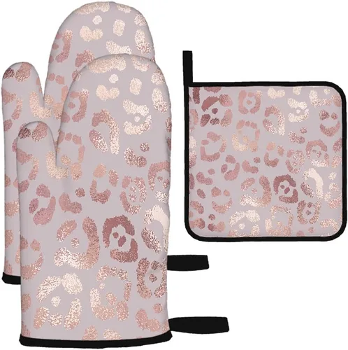 Mxocom Juego de 3 guantes de horno y agarraderas de leopardo de oro rosa para cocina, cocina, hornear, asar a la parrilla, almohadillas calientes