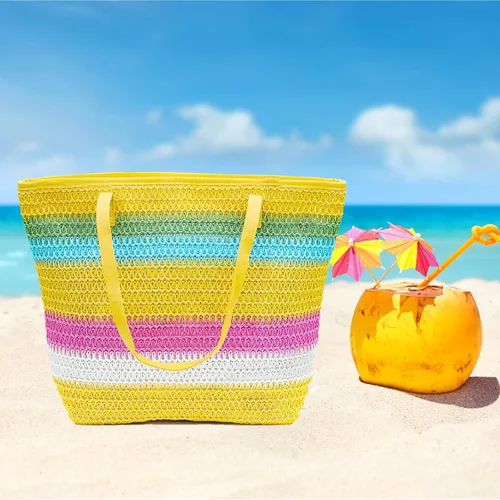 Miniatura 11 de Bolso grande de paja para mujer, tejido de ratán, bolso de playa de verano, a rayas