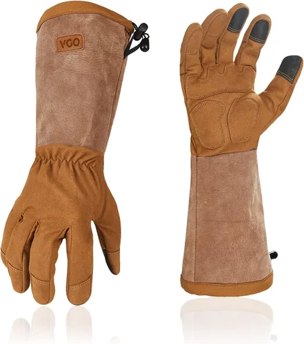 Vgo... Guantes de trabajo de seguridad para hombre, puño extendido de cuero dividido de cerdo, cuero sintético, a prueba de espinas de poda de 1 par