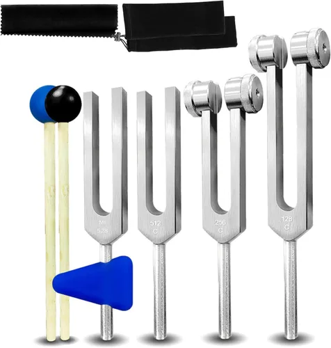 Juego de 4 diapasones de afinación 128Hz 256Hz 512Hz 528Hz 528Hz para curar chakras, juego con martillo reflejo para budistas, yoga, profesor,