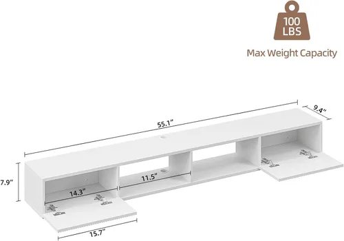 Miniatura 2 de Soporte flotante para TV de madera contrachapada con puertas acanaladas, color blanco, 55 pulgadas Montado en la pared, consola multimedia