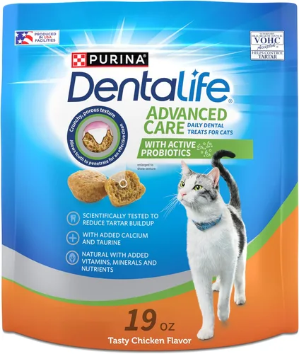 Purina DentaLife - Golosinas dentales para gatos hechas en instalaciones de EE. UU., sabor a pollo sabroso - Bolsa de 19 oz