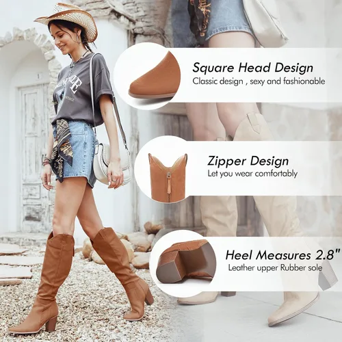 Miniatura 5 de Coutgo Botas vaqueras altas hasta la rodilla para mujer, botas altas de equitación con tacón de bloque grueso, punta cuadrada