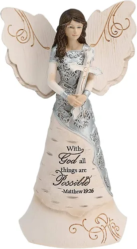 Pabellón - Figura de ángel de fe Elements - 6-1/2 pulgadas, sosteniendo una cruz, inscripción "Con Dios todas las cosas son posibles"