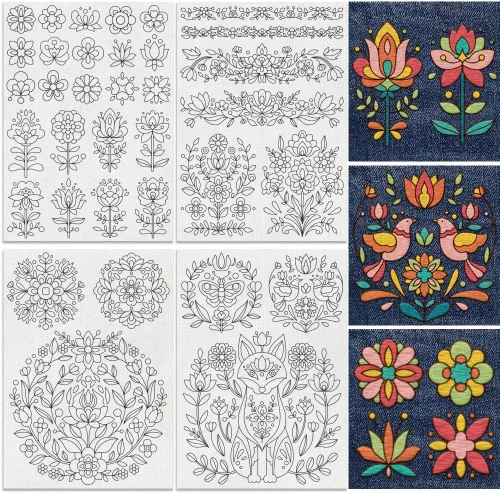 35 estabilizadores de costura a mano solubles en agua, 8.3 x 11.7 pulgadas, diseño de bordado de flores folclóricas abstractas, 4 hojas de