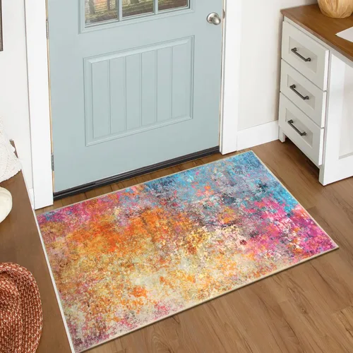 Miniatura 62 de Lahome Alfombra redonda moderna abstracta de 3 pies, color azul, lavable, de 3 x 3 pies, para cocina, entrada, suave, pequeña, antideslizante