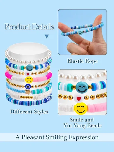 Miniatura 2 de Abitoncc Preppy Heishi - Juego de pulseras de surfista para niñas adolescentes, bonitos aretes estéticos, anillos estéticos preppy coloridos de oro