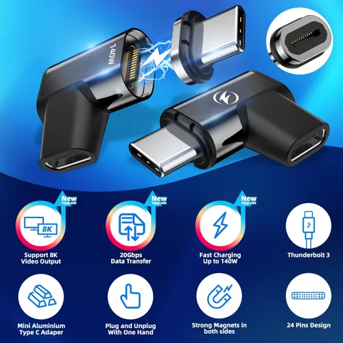 Miniatura 2 de Adaptador magnético USB tipo C, (paquete de 2) adaptador USB C magnético de 24 pines con PD 140 W USBC 4 20 Gbps transferencia de datos 8K 60Hz