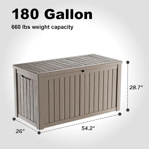 Miniatura 2 de Caja de almacenamiento impermeable para exteriores de 180 galones, caja de resina resistente a los rayos UV con varilla hidráulica para mayor 2-Gris