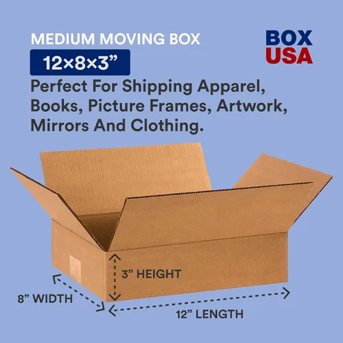 Miniatura 2 de BOX USA Cajas de envío de 12 pulgadas de largo x 8 pulgadas de ancho x 3 pulgadas de alto, paquete de 25 cajas de cartón corrugado plano