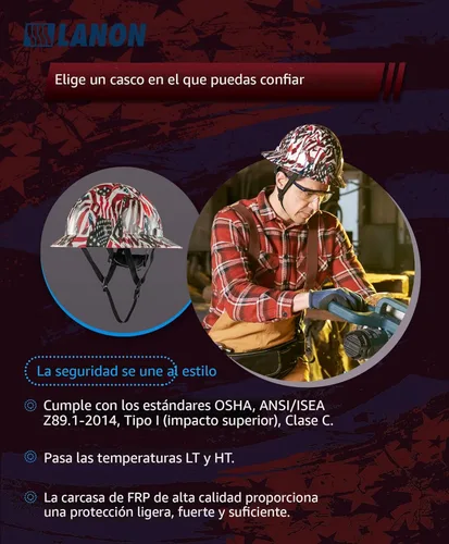 Miniatura 3 de LANON Casco duro de ala completa, aprobado por OSHA para trabajos de construcción, diseño de bandera estadounidense premium, casco de seguridad FRP