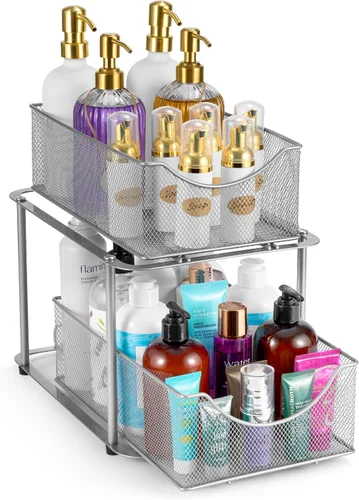 Miniatura 12 de Sorbus Organizador de metal para debajo del fregadero de 2 niveles para baño, cocina, cajones deslizantes de malla de acero fuerte para debajo
