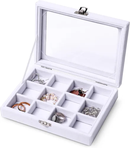 Frebeauty Bandeja organizadora de joyas con tapa transparente, 12 rejillas de terciopelo para cajón con tapa transparente, vitrina de joyería,
