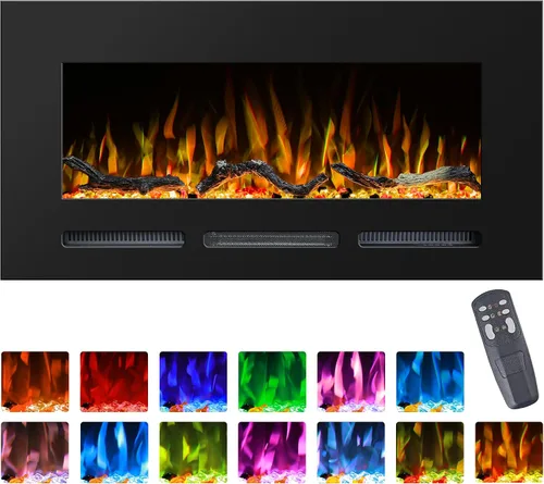 Chimenea eléctrica de 42 pulgadas montada en la pared y empotrada con control remoto, brillo ajustable, 13 llamas de color con tronco y cristal,