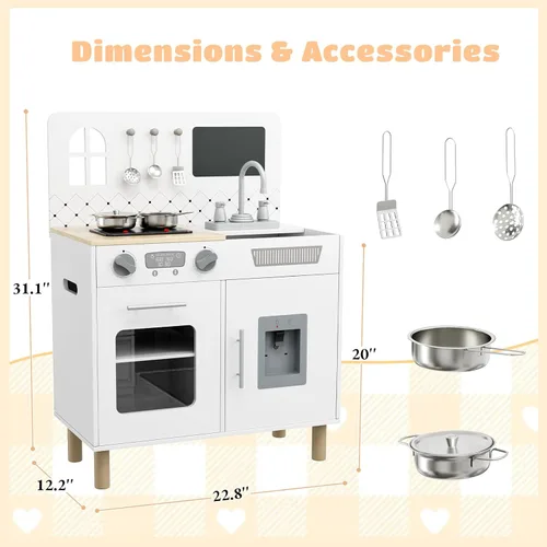 Miniatura 3 de Arlopu Juego de cocina de madera para niños con pizarra, luces y sonidos realistas, cocina interactiva con estufa, dispensador de agua, 6 utensilios