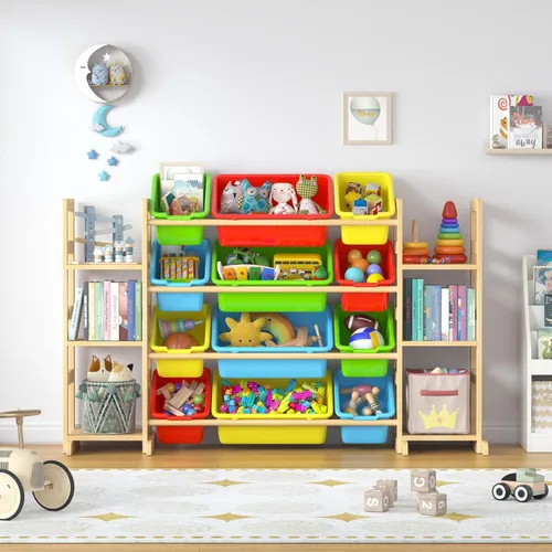 Miniatura 7 de Organizador grande de almacenamiento de juguetes para niños, organizador de juguetes y estantería combinada con 12 contenedores y 6 estantes, caja