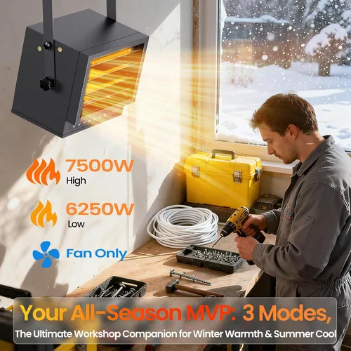 Miniatura 3 de Calentador eléctrico de garaje de 7500 W con control remoto, calentador de techo cableado de 240 V, calentadores de espacio de garaje con modo ECO