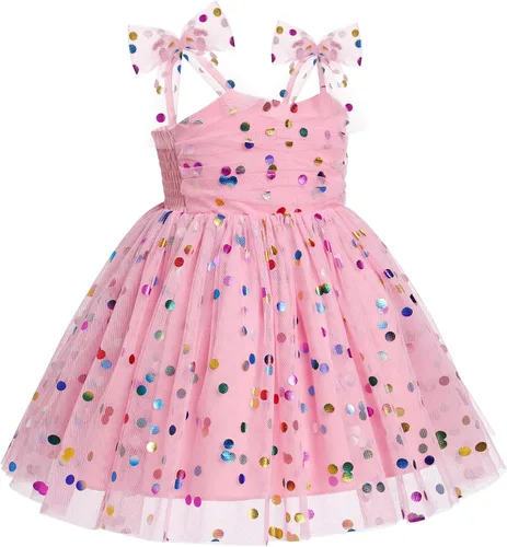 Miniatura 86 de IMEKIS Vestido de princesa de cumpleaños para niña pequeña, confeti brillante, bohemio, arco iris, pastel, sesión de fotos, traje para 1-6T