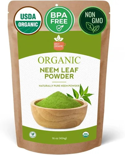 SPICY ORGANIC Polvo de neem – 16 onzas – Certificado USDA orgánico – Sin OMG – Polvo de hojas de neem secas frescas para cabello y piel saludables –