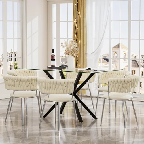 Miniatura 30 de Juego de mesa de comedor de cristal negro de 47 pulgadas para 4, juego de mesa de cocina minimalista moderno y 4 sillas de comedor de terciopelo