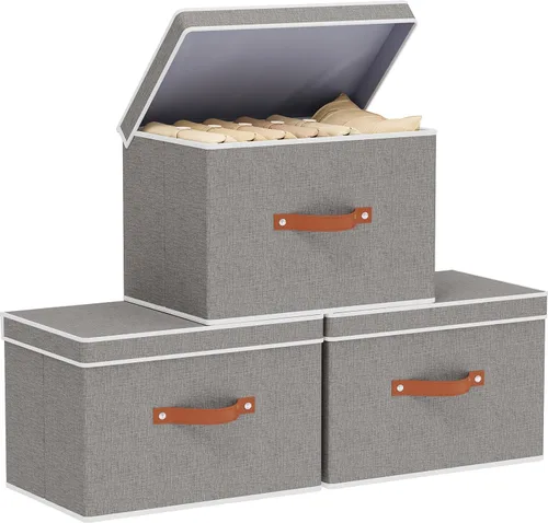 Miniatura 14 de Contenedor de almacenamiento de tela, cesta de almacenamiento con tapas, caja organizadora de armario con asas para zapatos, libros, toallas, blanco