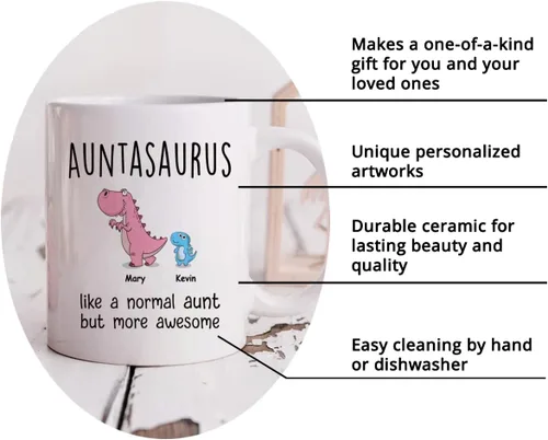 Miniatura 7 de Gossby Taza personalizada (1 niño) AUNTASAURUS Like a Normal Aunt but More Awesome - Taza de café para la abuela de parte de la nieta, nieto