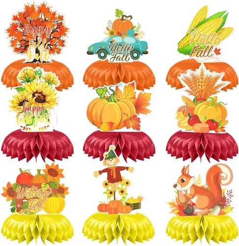 Miniatura 7 de Centros de mesa de nido de abeja de feliz otoño, centros de mesa de panal 3D, decoración de cosecha de espantapájaros, camión, calabaza, girasol