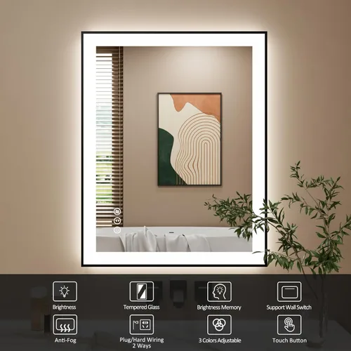 Miniatura 2 de Espejo de baño LED de 24x30 pulgadas con marco negro, espejos de baño retroiluminados y con luz frontal para pared, antiempañamiento, regulable