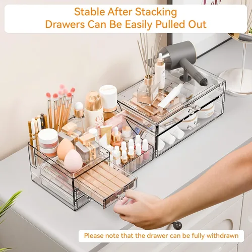 Miniatura 5 de Yieach Paquete de 2 organizadores de maquillaje transparentes para tocador, tocador y baño, organizadores de acrílico apilables con 5 cajones