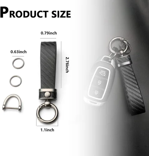 Miniatura 2 de Kewucn Llavero de coche de estilo fibra de carbono, llavero de cuero de microfibra, llavero con anillo en D antipérdida giratorio de 360 grados Negro